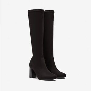 Duo Boots Knee-High Heeled Boots in Black Suedette, Pull-On, EU 41
